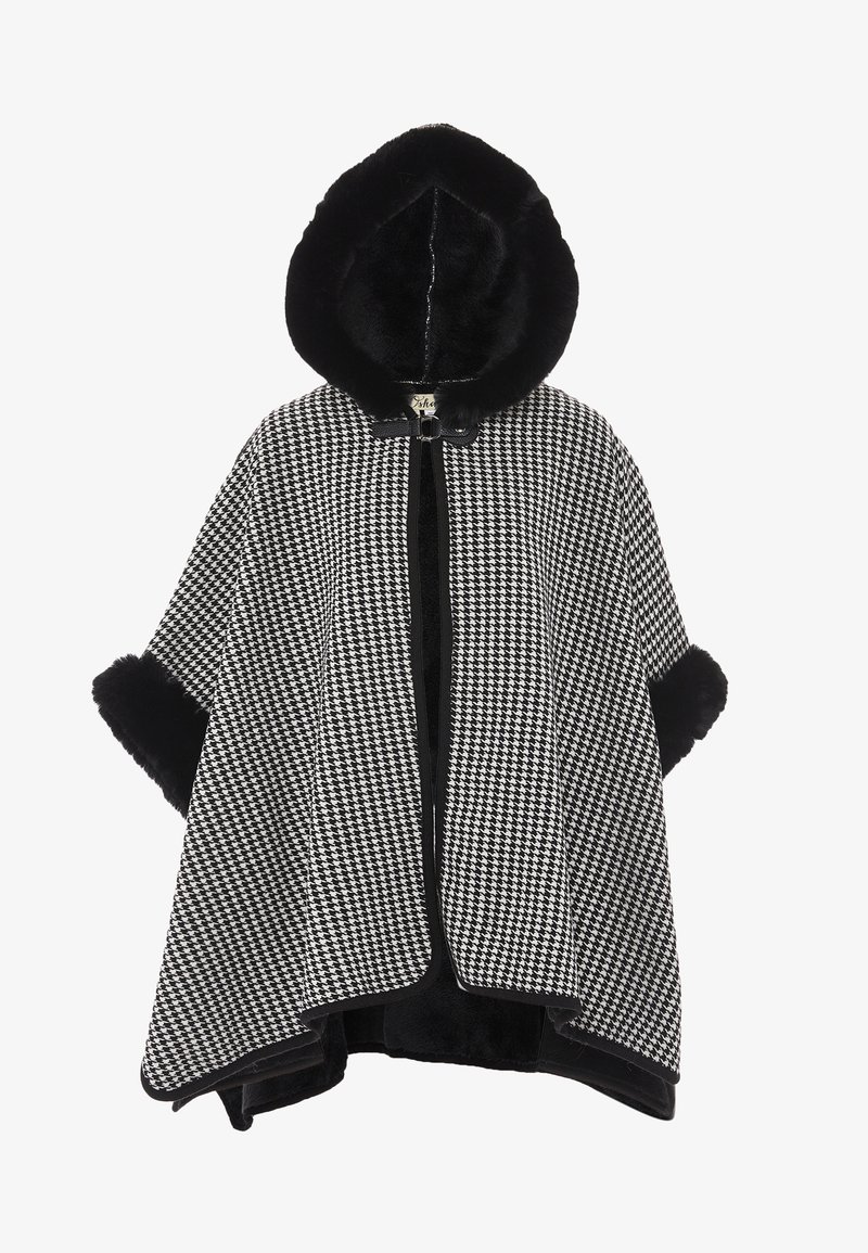 Zwart-wit houndstooth cape met een bijpassende met bont gevoerde capuchon en manchet, voorzien van een sluiting aan de voorkant en een zachte textuur.