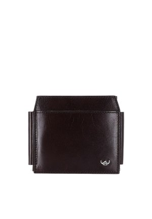 Dark brown leather wallet with a metal money clip on each side and a small silver logo in the bottom right corner.