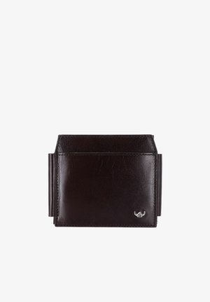 Dark brown leather wallet with a metal money clip on each side and a small silver logo in the bottom right corner.