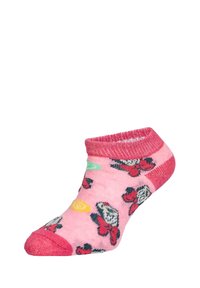 Calzino alla caviglia rosa con un motivo floreale in accenti verdi e gialli. Il materiale sembra morbido con un bordo a costine per una vestibilità aderente.