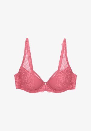 Roze kanten bh met bloemenpatronen, beugelcups en verstelbare bandjes op een witte achtergrond.