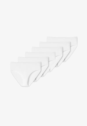 Six pairs of white cotton briefs. Smooth texture, elastic waistband, and mid-rise design. Plain without patterns or accents.