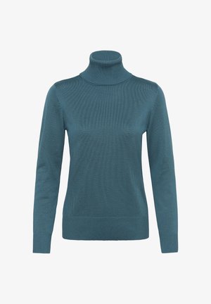 Suéter de cuello alto en color turquesa, hecho de tela de punto acanalada, con manga larga y un ajuste ceñido, que presenta una textura suave y un diseño limpio.