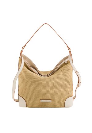Textured beige fabric bag with a cream accent base, adjustable shoulder strap, and a curved top opening; minimalistic design with logo detail.