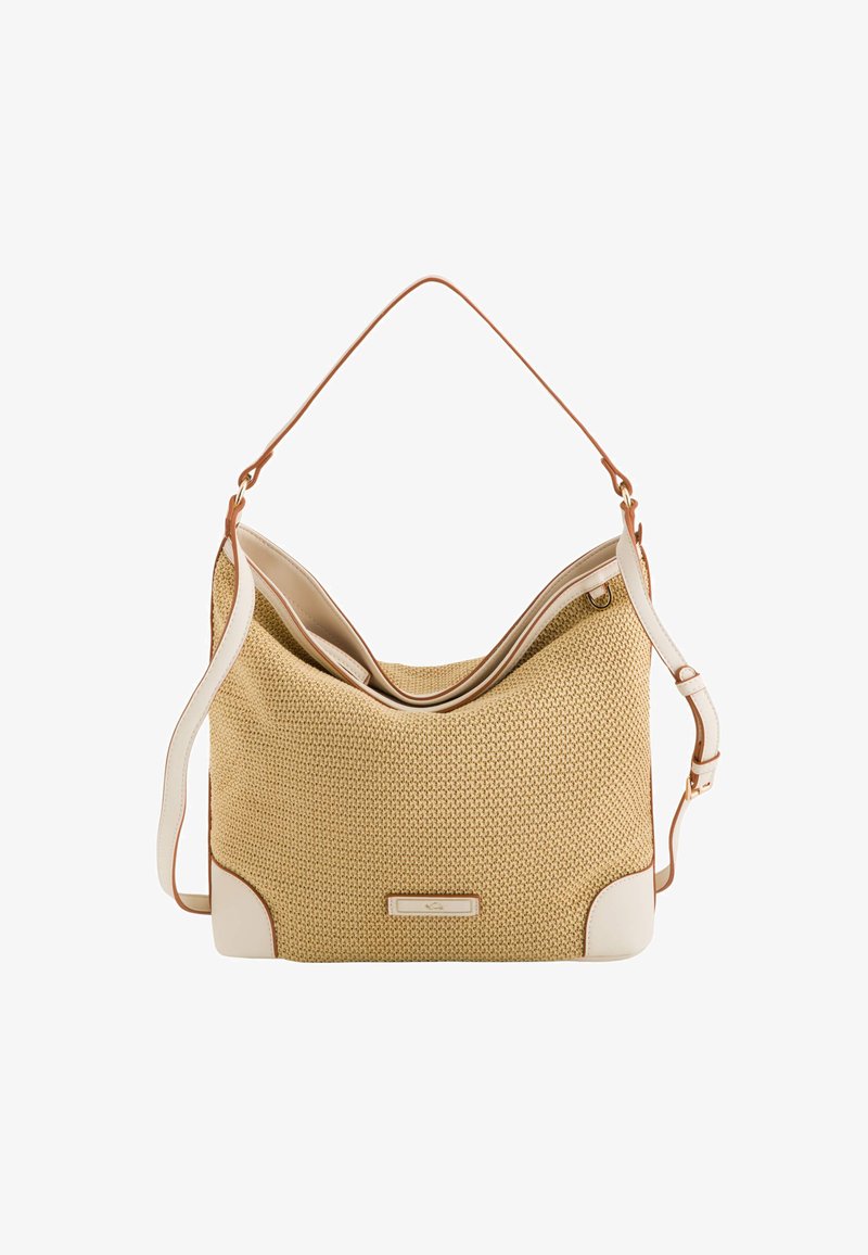 Teksturowana beżowa torba z kremowym akcentem na dnie, regulowanym paskiem na ramię i zaokrąglonym otworem u góry; minimalistyczny design z detalem logo.