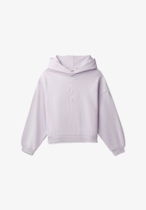 Felpa corta viola chiaro con maniche lunghe, polsini e orlo a coste, cappuccio e logo "CK" inciso sul petto.