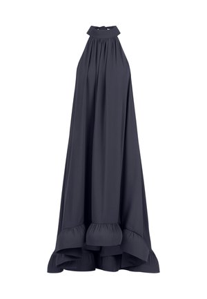 Navy Halterkleid mit hohem Ausschnitt, fließender Silhouette und plissiertem, gerafftem Saum. Aus leichtem Stoff mit glatter Textur gefertigt.