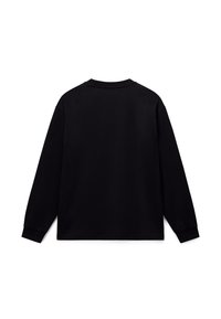 Μαύρο μπλουζάκι μακρυμάνικο από βαμβάκι. Διαθέτει στρογγυλή λαιμόκοψη και ριμπ μανσέτες. Απλό, μονόχρωμο χωρίς ορατά σχέδια ή διακοσμήσεις.