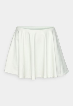 White skirt made of soft, stretchy fabric. Flared design with a smooth texture, featuring a simple hemline and an elastic waistband.