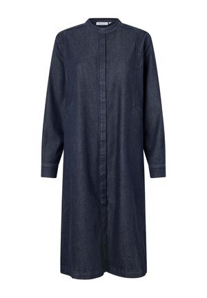 Marineblauwe denim jurk met lange mouwen, mandarin kraag, knoopsluiting aan de voorkant, zijzakken en subtiele stikdetails.