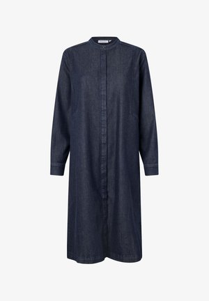 Marineblauwe denim jurk met lange mouwen, mandarin kraag, knoopsluiting aan de voorkant, zijzakken en subtiele stikdetails.