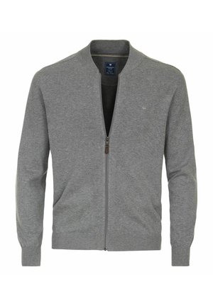 Cardigan gris à fermeture éclair intégrale avec poignets et ourlet côtelés, tissu en maille léger, et petit logo sur la poitrine à gauche.
