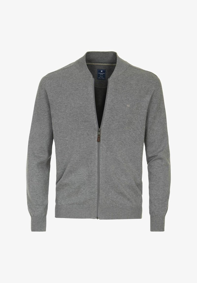 Cardigan gris à fermeture éclair intégrale avec poignets et ourlet côtelés, tissu en maille léger, et petit logo sur la poitrine à gauche.