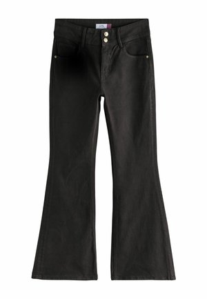 Melnas džinsa zvanveida džinsi ar vidēja augstuma jostasvietu, ar divām priekšējām kabatām, divām aizmugures kabatām un pogas aizdari ar metāla akcentiem.