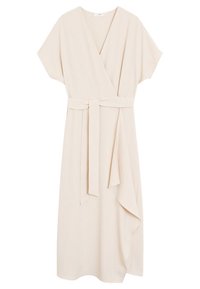 Robe enveloppante beige avec des manches courtes, une ceinture nouée à la taille et un ourlet fluide et asymétrique. Tissu doux avec un design minimaliste.