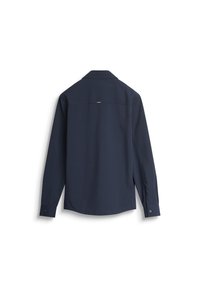 Marineblauwe overhemd met lange mouwen, een klassieke kraag, knoopmanchetten en een klein logo detail op de achterkant, gemaakt van lichtgewicht stof.