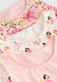 Drei Tops in sanften Rosatönen. Verfügen über florale Drucke, Spitzenverzierungen und kleine Schleifenakzente. Der Stoff wirkt leicht und glatt.