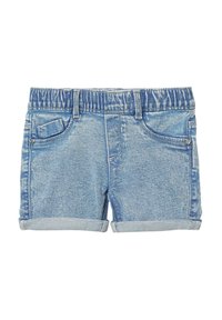 Lichtblauwe denim shorts met een gathered tailleband, opgerolde manchetten en twee voorzakken. Heeft een licht vervaagde textuur.