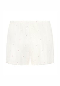Λευκά βαμβακερά σορτς με υφασμένο μοτίβο και μικρές ροζ καρδιές, με ελαστική μέση και χαλαρή εφαρμογή.