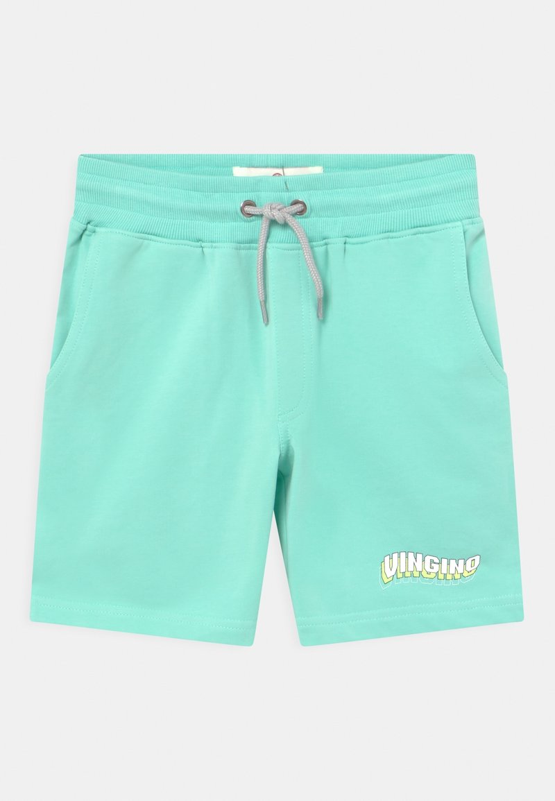 Shorts turquoise en tissu doux avec une ceinture élastique, un cordon de serrage, des poches latérales et un détail logo "VINGINO" en blanc et jaune.