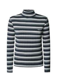 Garšas piedurkņu turtleneck topi tumši zilā un baltā svītrās, ar ribotu tekstūru, piegulošu dizainu, ar smalku logotipa detaļu kreisajā krūtī.