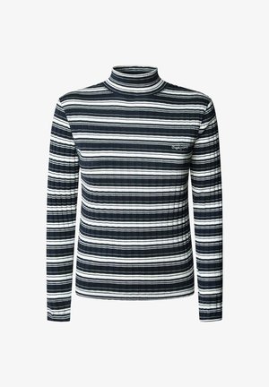 Top de cuello alto de manga larga en rayas azul marino y blanco, con textura acanalada, diseño ajustado y un sutil detalle de logo en el lado izquierdo del pecho.