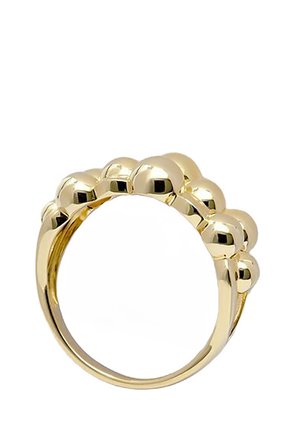 Goldfarbener Ring mit einer Reihe polierter, sphärischer Akzente entlang der Oberseite, die ein strukturiertes, rundes Design schaffen. Glatte Innenoberfläche.