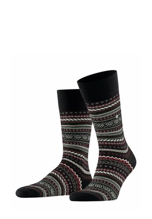 Schwarze Socken mit einem geometrischen und gemusterten Design in Grau, Rot und Weiß. Gerippter Bund und glatte Textur über das gesamte Material.