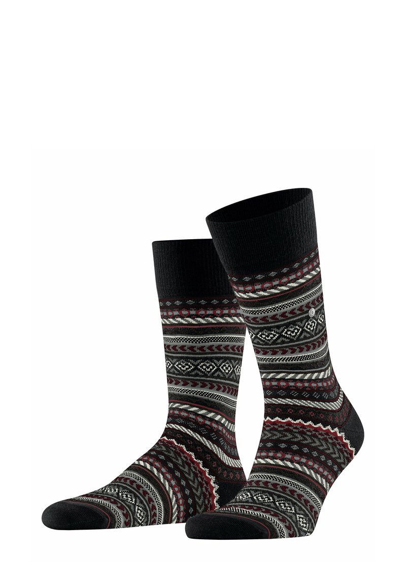 Calcetines negros con un diseño geométrico y patrón en gris, rojo y blanco. Puño acanalado y textura suave en toda su superficie.