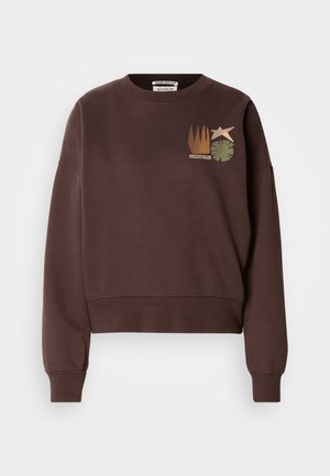 Sweat-shirt court marron avec un col rond. Présente un motif graphique comprenant une étoile, des plantes et des lignes verticales dans des couleurs atténuées.