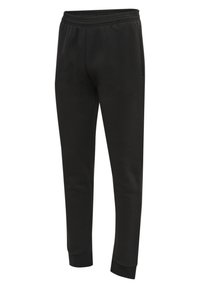 Czarne przylegające spodnie dresowe z elastycznym pasem i kieszeniami po bokach, zwężane przy kostkach, odpowiednie na co dzień i do aktywności sportowej.