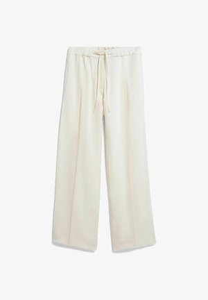 Pantaloni ampi color panna con vita elastica e coulisse frontale, mostrati su sfondo bianco.