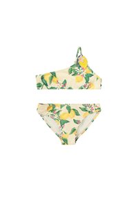 Dvojdielne plavky s jedným ramienkom a spodnou časťou, s vzorom žltého citrónu a zelenej listovej na svetlom pozadí.