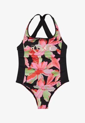 Costume da bagno intero nero con una vivace stampa floreale rosa e verde sul davanti, caratterizzato dal logo Roxy e da spalline incrociate.