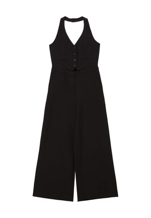 Schwarzer Jumpsuit mit Halterneck, tailliertem Oberteil mit fünf Knöpfen, weitem Bein und Seitentaschen. Glatte Stofftextur.