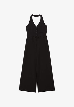 Black jumpsuit featuring a halter neck, fitted bodice with five buttons, wide-leg pants, and side pockets. Smooth fabric texture.