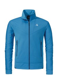 Blaue Midlayer-Jacke aus strukturiertem Stoff mit Stehkragen, zwei seitlichen Reißverschlusstaschen und kontrastierenden schwarzen Akzenten.