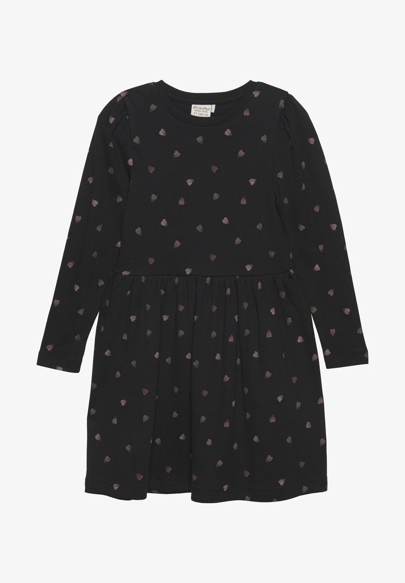 Robe noire à manches longues avec petits motifs cœurs roses et gris, col rond et détail froncé à la taille.