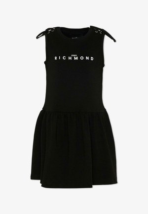 Abito nero senza maniche con gonna arricciata, spalline annodate e scritta bianca "JOHN RICHMOND" sul petto.