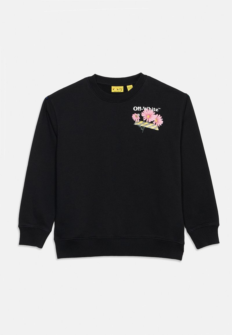 Черен дълъг ръкав блуза с кръгло деколте с надпис "Off-White" и графика на розови маргаритки в горния ляв ъгъл на гърдите.