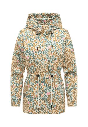 Damen-Kapuzenjacke mit verstellbaren Kordeln, mit einem mehrfarbigen abstrakten Tierprint in Beige-, Türkis- und Rosatönen.