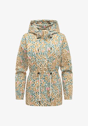 Damesjas met capuchon en verstelbare trekkoorden, uitgevoerd met een abstracte dierenprint in beige, turquoise en roze tinten.