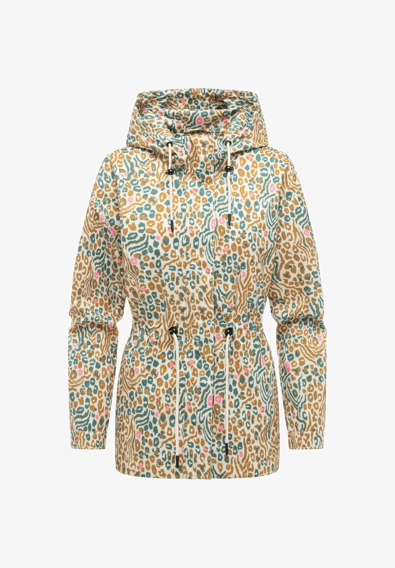 Damesjas met capuchon en verstelbare trekkoorden, uitgevoerd met een abstracte dierenprint in beige, turquoise en roze tinten.