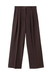 Pantalons larges bruns en tissu texturé, avec des plis à l'avant, des poches latérales et un design de taille classique.