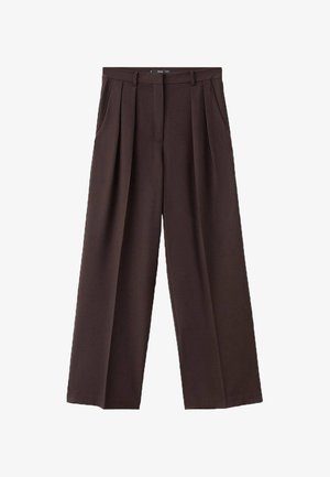 Brune vide bukser lavet af tekstureret stof, med frontfolder, sidelommer og et klassisk taljebånddesign.