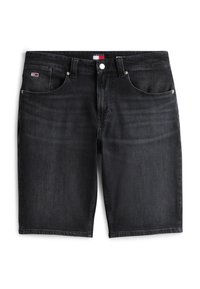 Sorte denimshorts med fem lommer, knappeåpning og subtile falminger. Har merketavle på linning og kontraststing.