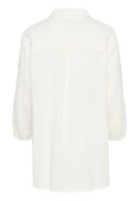 White, lightweight shirt with long sleeves, a collar, and embroidered accents on the sleeves. Features a loose fit and textured fabric.