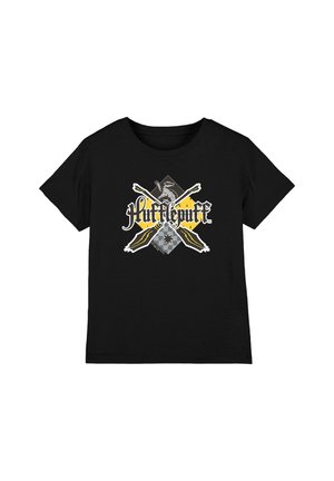 Black T-shirt with crossed broomsticks, a badger emblem, and "Hufflepuff" text in yellow and white.