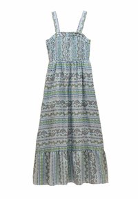 Maxi šaty s kvetinovým vzorom v svetlomodrej farbe, s elastickým korzetom, nastaviteľnými ramienkami a volánkovým lemovaním so zelenými akcentmi.