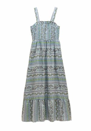 Maxi šaty s kvetinovým vzorom v svetlomodrej farbe, s elastickým korzetom, nastaviteľnými ramienkami a volánkovým lemovaním so zelenými akcentmi.